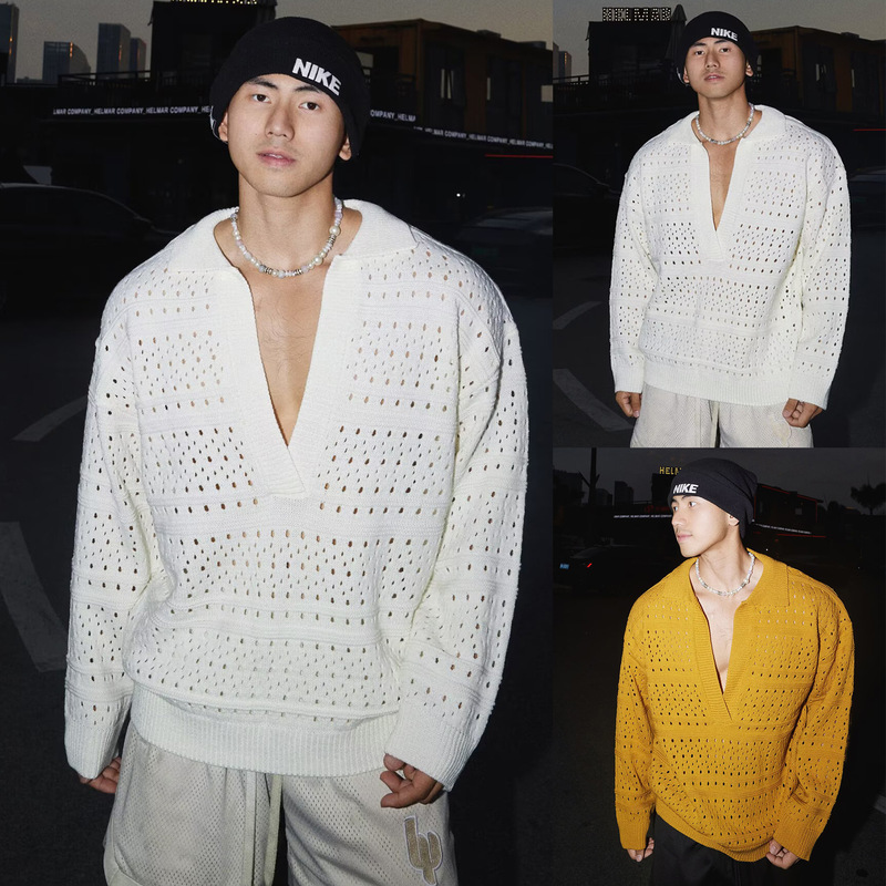 Autumn and Winter Hollow-Out Long-Sleeve Knit Sweater for Men, Thin Polo Shirt with Deep V-Neck, Turn-Down Collar Sweater for Men in Autumn and Winter