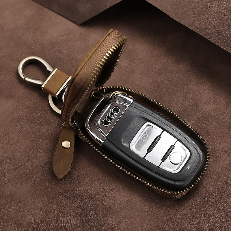 多功能单拉链车用钥匙包头层牛皮钥匙皮套复古通用腰挂汽车钥匙套|ms