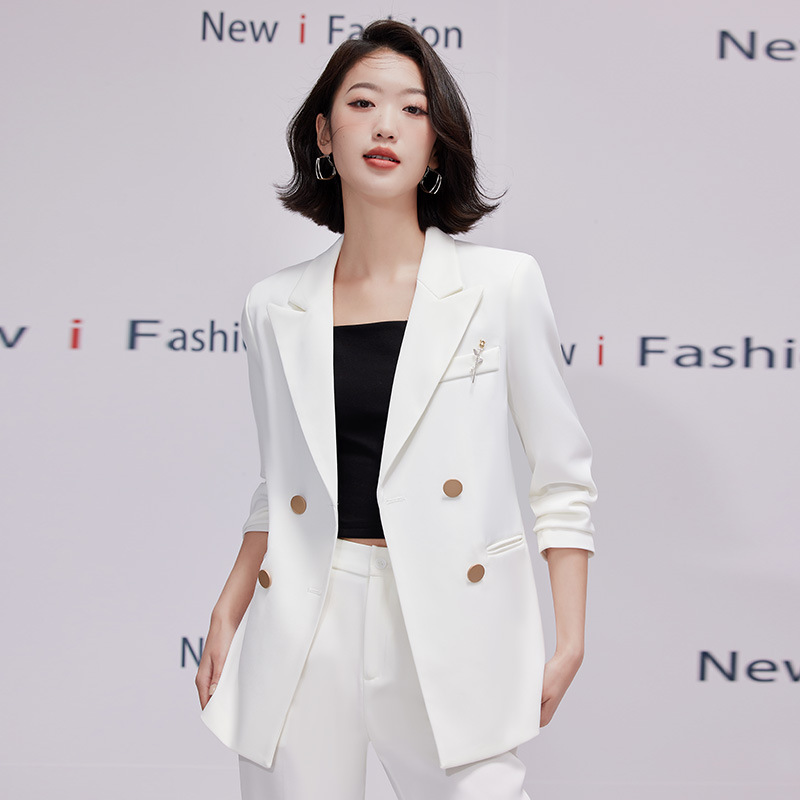 ChicShe 2023 Primavera ed Estate Nuovo Abbigliamento Professionale Donna Moda Doppiopetto Completo Bianco Estetista Colletto Bianco_voghion.com
