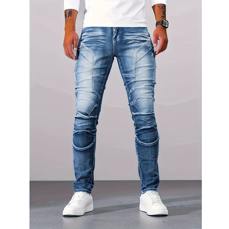 Foreign Trade Cross-Border Aliexpress Stretch Cycling Motorcycle Jeans Men's Pants Dropshipping Light Blue Straight Jeans Men's Trousers