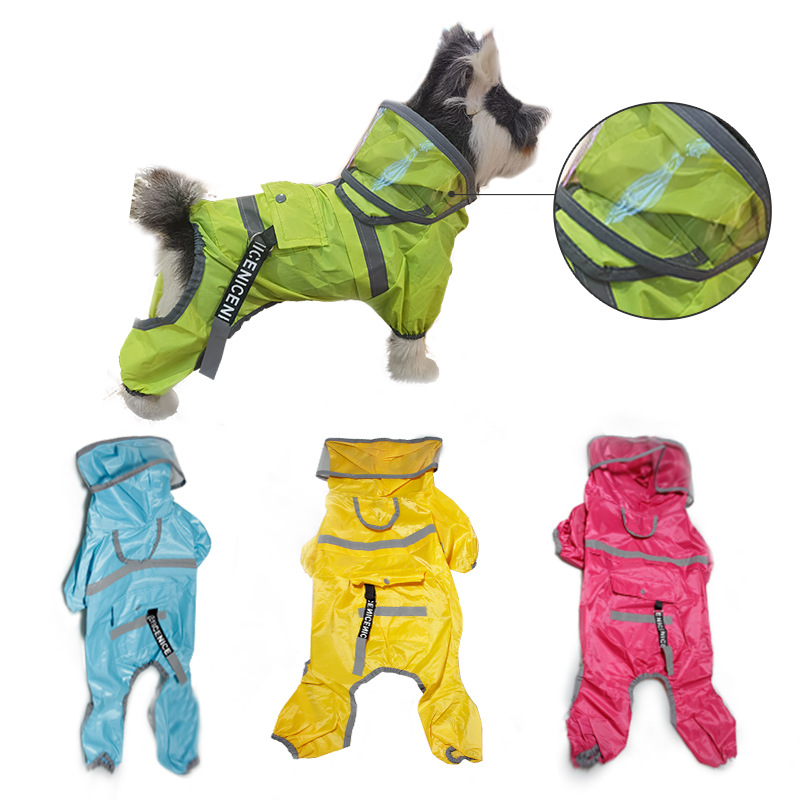 Wholesale price for large and medium-sized dog raincoats with wide-brimmed hats for broader visibility during rainy season outings. Promotion.