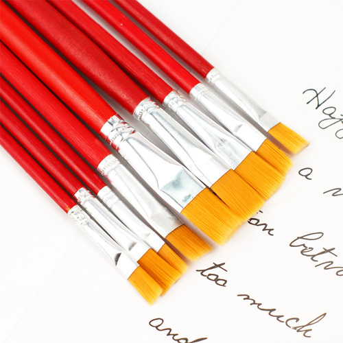 Red Handle Flat Nylon Brush Watercolor Pencil Set Children's Oil Painting Brush Watercolor Acrylic Brush Wooden Art Supplies