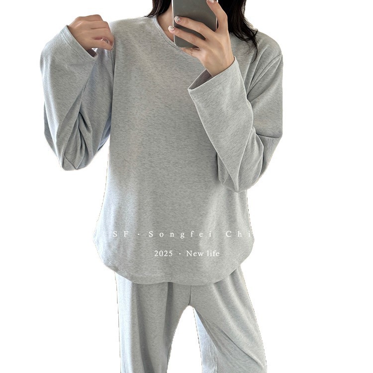 3734带胸垫秋冬新款睡衣套装长袖宽松圆领套头显瘦家居服女家居服|undefined