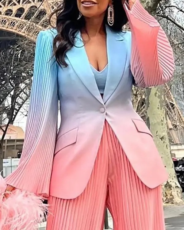 Women's Clothing pleated long sleeved gradient color slim lapel suit trousers_voghion.com