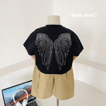 风之谷2024夏季新款童装儿童韩版字母T恤男女童百搭烫钻翅膀短袖