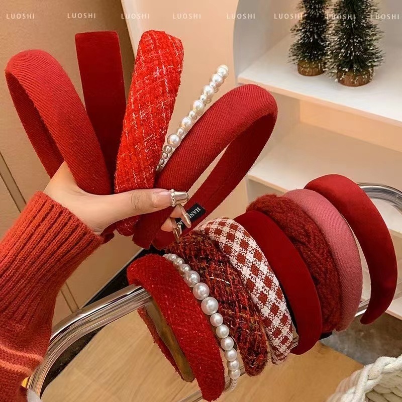 秋冬の高級感クリスマスの赤い髪のカチューシャの女性の広い辺の圧力の髪の滑り止めのカチューシャのネットの赤い復古のカチューシャの髪の束の飾り|undefined