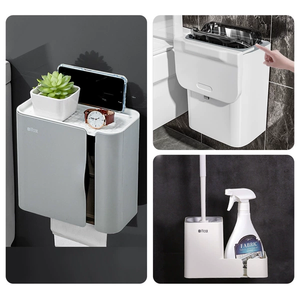 【Practical Three-Piece Set】Gray + storage toilet brush + wall-mounted trash can