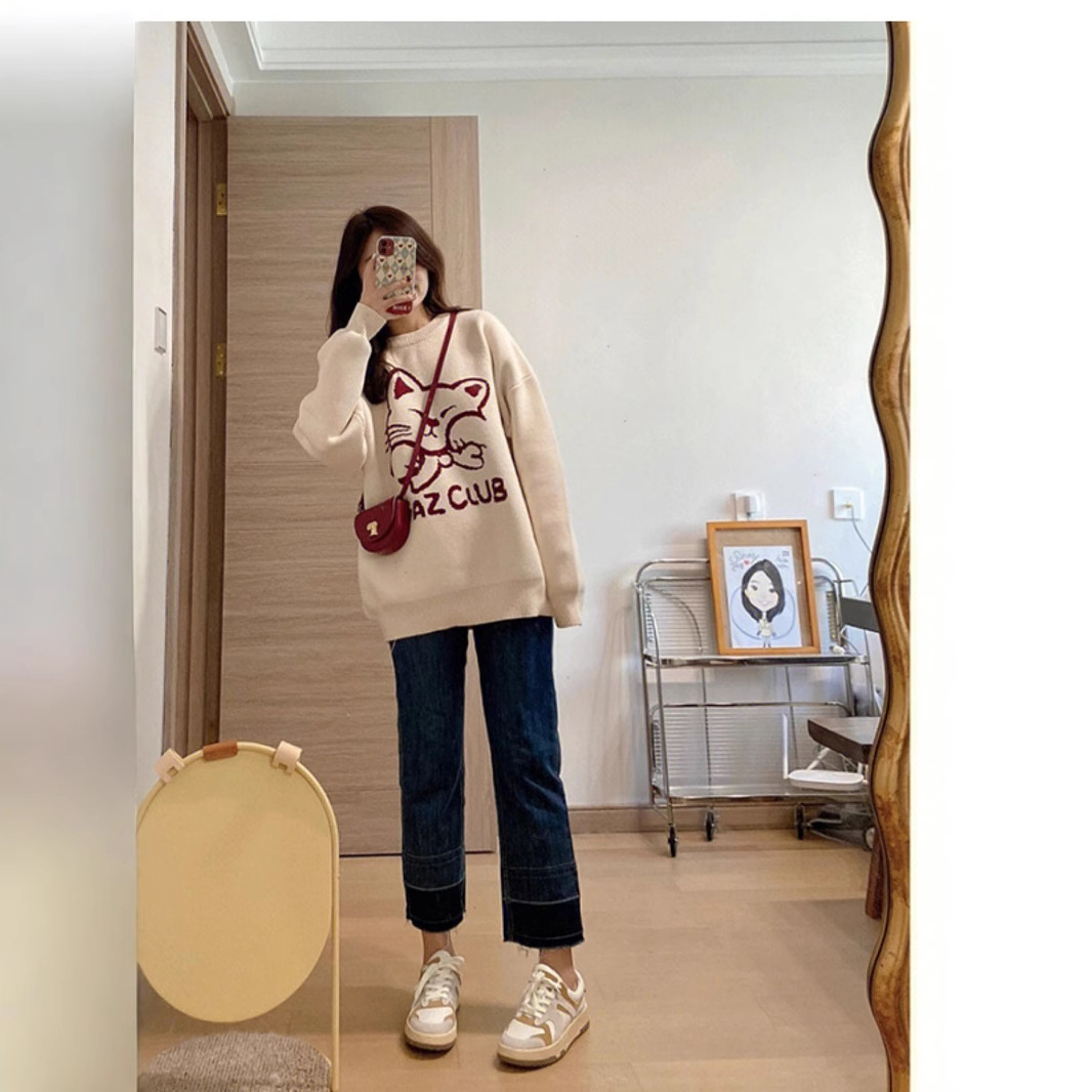 한국 스타일 게으른 스타일 풀오버 스웨터 여성의 가을 및 겨울 느슨한 디자인 젠틀 두꺼운 둥근 목 외신베이스 스웨터