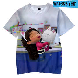 夏季儿童Gabby's Dollhouse系列3D卡通休闲宽松短袖日常舒适