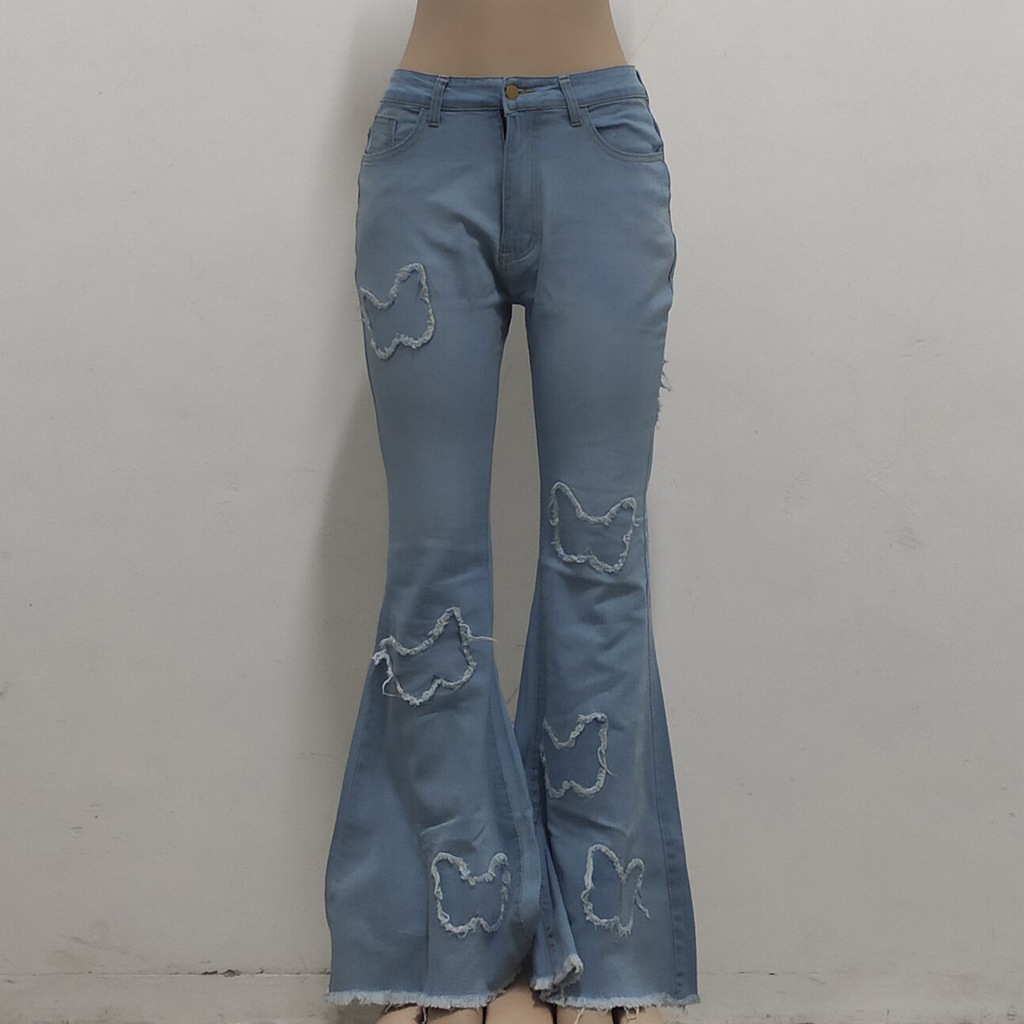 Butterfly Print Wide-Leg Stretch Jeans NSSF88980