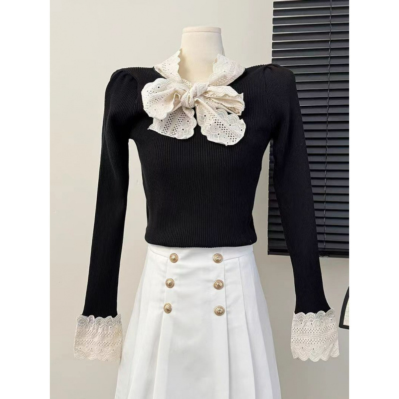 Lace knitted spring fitted short base body-friendly sweater with bow