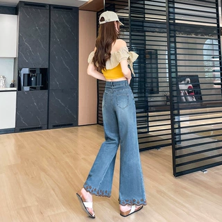 国风刺绣重工牛仔裤女2025新款夏薄款高腰显瘦九分宽松休闲阔腿裤