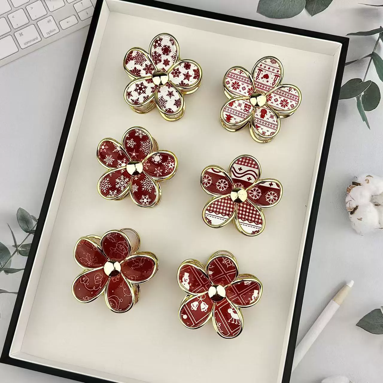 圣诞雪花塑料抓夹印花发饰女批发 高级感后脑勺盘发鲨鱼夹发夹