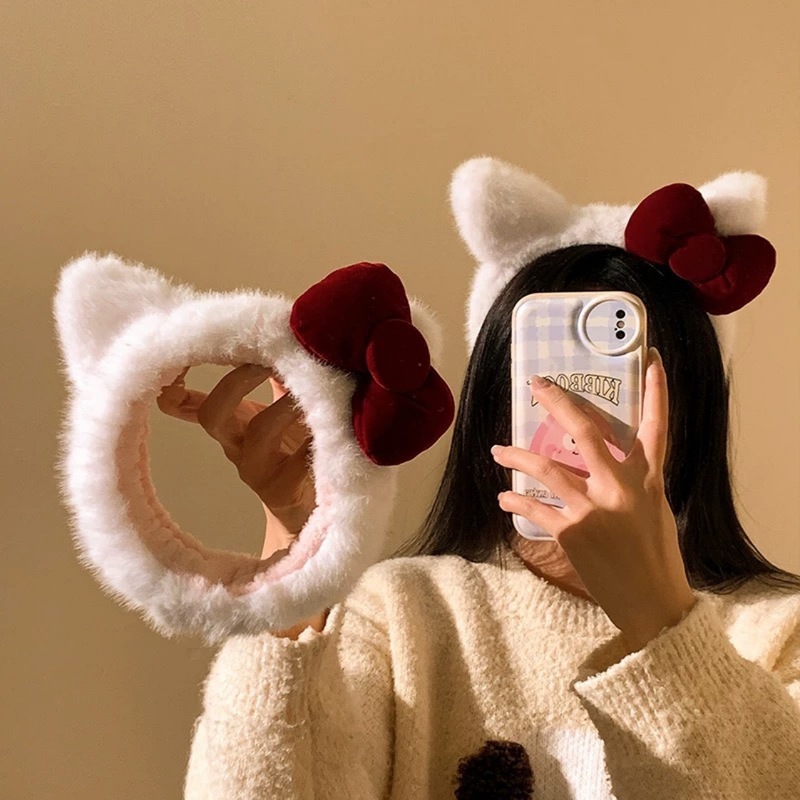 かわいいリボン猫耳白ぬいぐるみヘッドバンド女性の洗顔メイクマスクヘッドバンドヘアピンヘッドバンド秋と冬|undefined