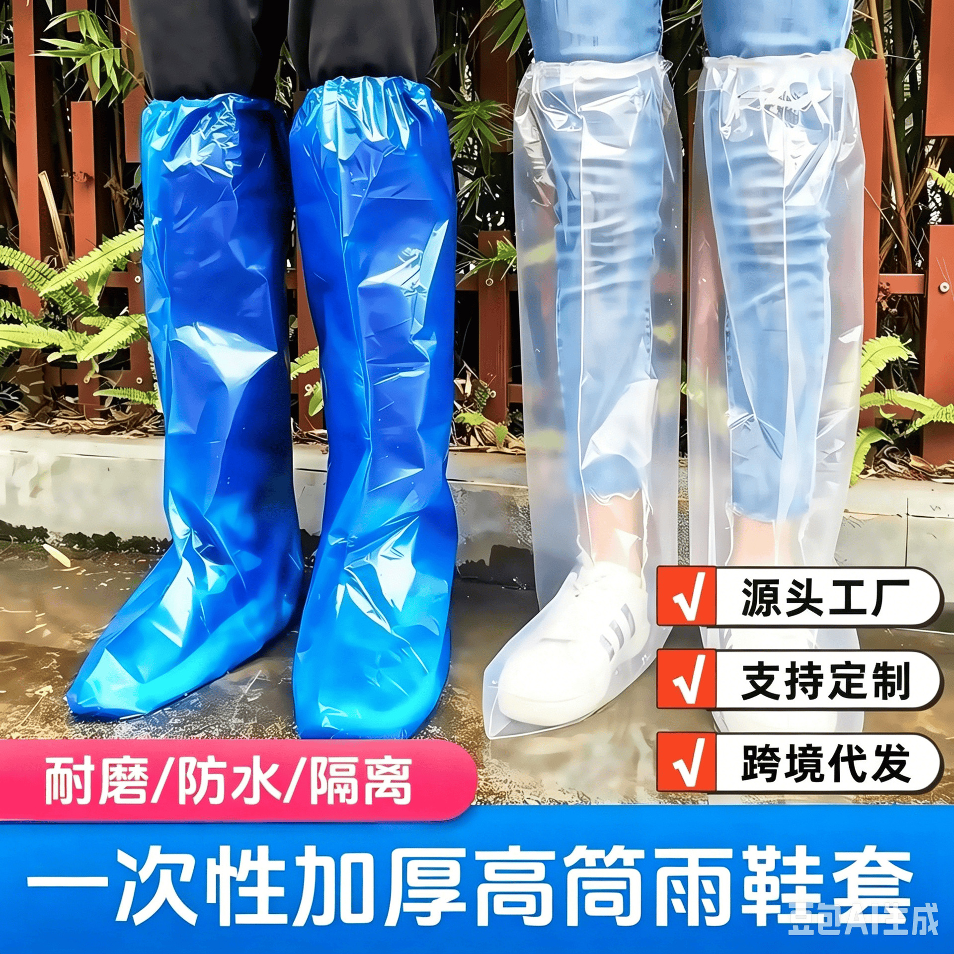 Disposable Waterproof and Dustproof Pe Shoe Covers, Thickened, Wear-Resistant, Non-Slip, High-Tube Boot Covers for Rainy Days