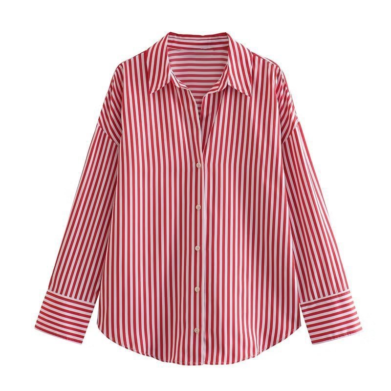 外国貿易卸売春の新作婦人服ヨーロッパとアメリカンスタイルの多用途ストライプラペルシングルブレスト長袖ルーズシャツ|undefined