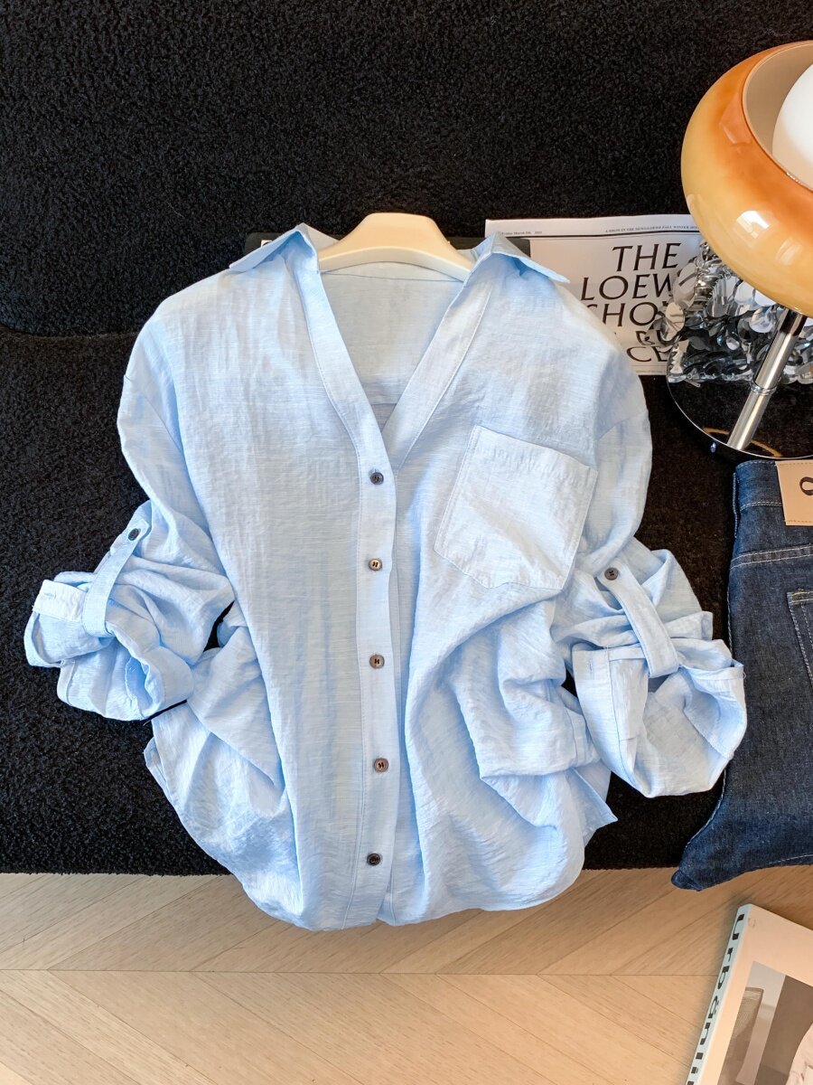 Áo sơ mi chống nắng nữ dài tay dáng rộng chất liệu linen thoáng mát — xanh lam chi tiết 12