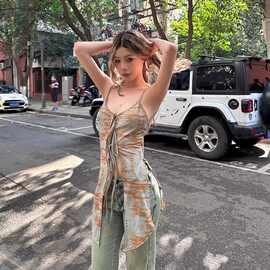 外贸跨境纯欲风设计感开叉印花无袖吊带背心女夏性感辣妹露背上衣