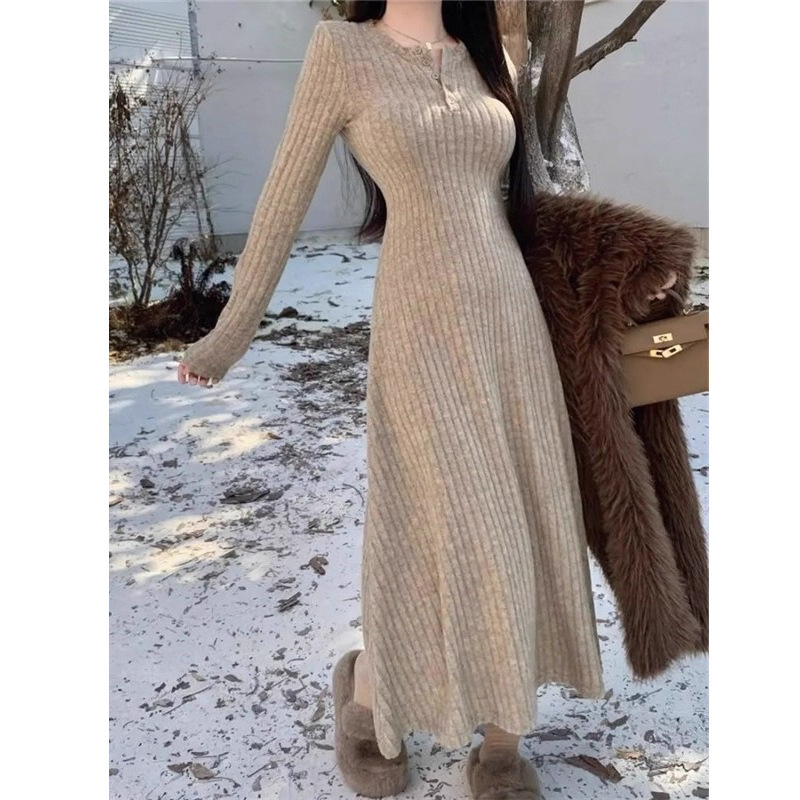 Women's Stylish V-Neck Waist-Cinching Slim-Fit Knit Base Dress, Solid Color Mid-Length French-Style Spring and Autumn Knit Dress