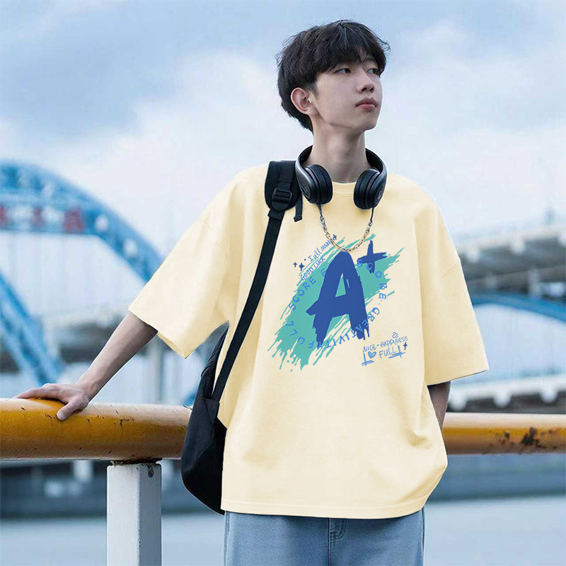 New Men's T-Shirt Trendy Brand Summer New American-Style Letter Print Short-Sleeve T-Shirt Versatile Cool Pure Cotton Short-Sleeve Men's Shirt