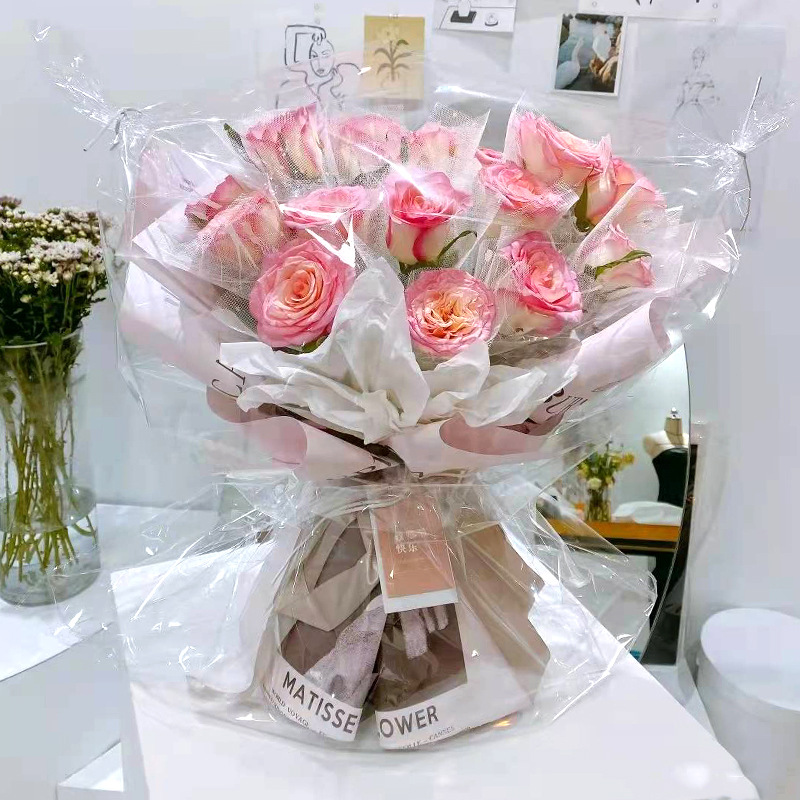 现货花束防尘袋花篮配送袋防水透明玻璃纸袋子花店鲜花包装材料用