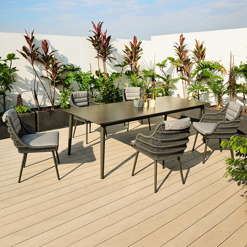 Patio al aire libre ocio Ratán mesas, sillas, terrazas y jardines combinación de muebles de mesa larga de paneles de roca impermeables y solares al aire libre image 4