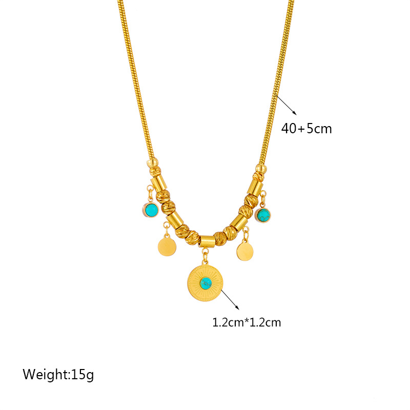 Fashion Round Titanium Steel Plating Inlay Turquoise Pendant Necklace 1 Piece