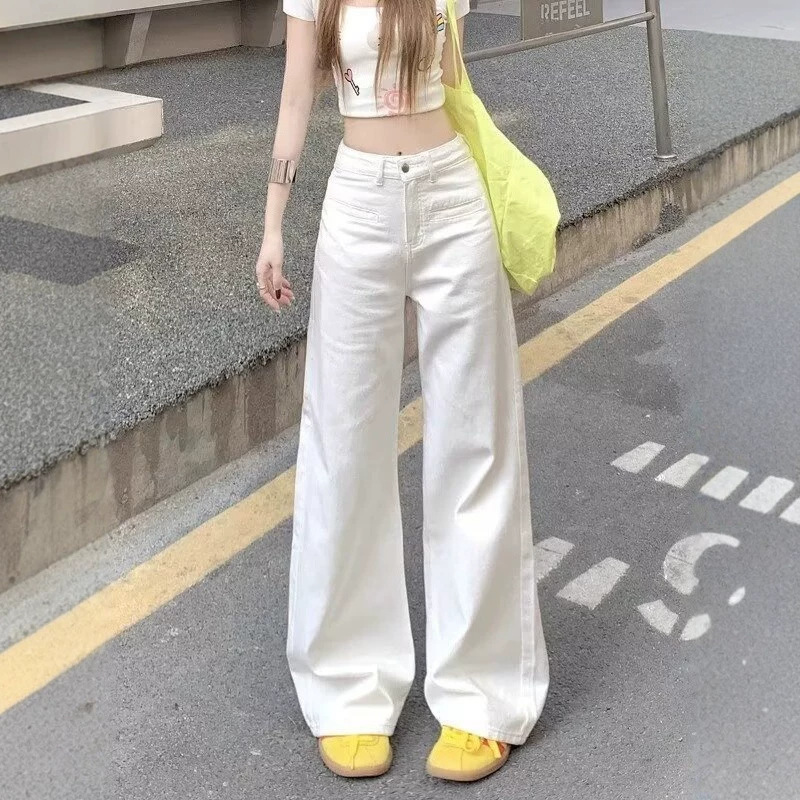 White Non-Transparent Straight-Leg Jeans for Women, Spring and Autumn 2026 New Style, Thin Design, Slimming Effect, Narrow Wide-Leg Pants