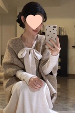 法式气质小香风斗篷外套女秋季针织打底裙长袖蝴蝶结连衣裙两件套