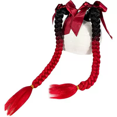 Motorcycle Helmet Decorative Suction Cup Braids, Detachable Braided Double Ponytail Bow, Synthetic Fiber Helmet Accessories (Motosiklet dəbilqələri) - 1-pair-of-black-and-red-braids-plus-bows