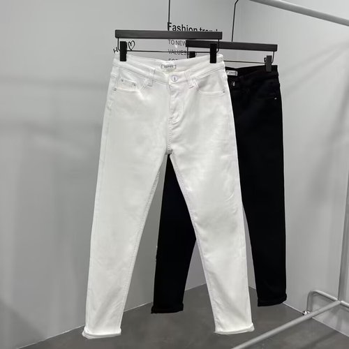 Men's White Pants with a Refined Style, Simple Summer Trendy Business Cotton Mini Straight Leg Jeans, Tailored 9/10 Length