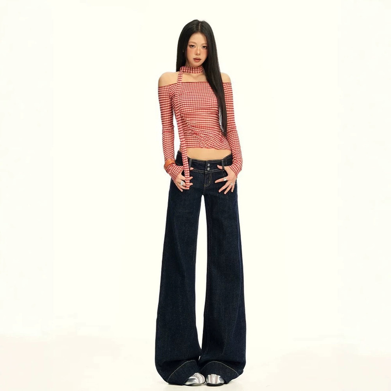 American-Style Dark Blue Straight-Leg Jeans for Women, Summer 2026 New Low-Waist Versatile Slimming Flared Casual Pants