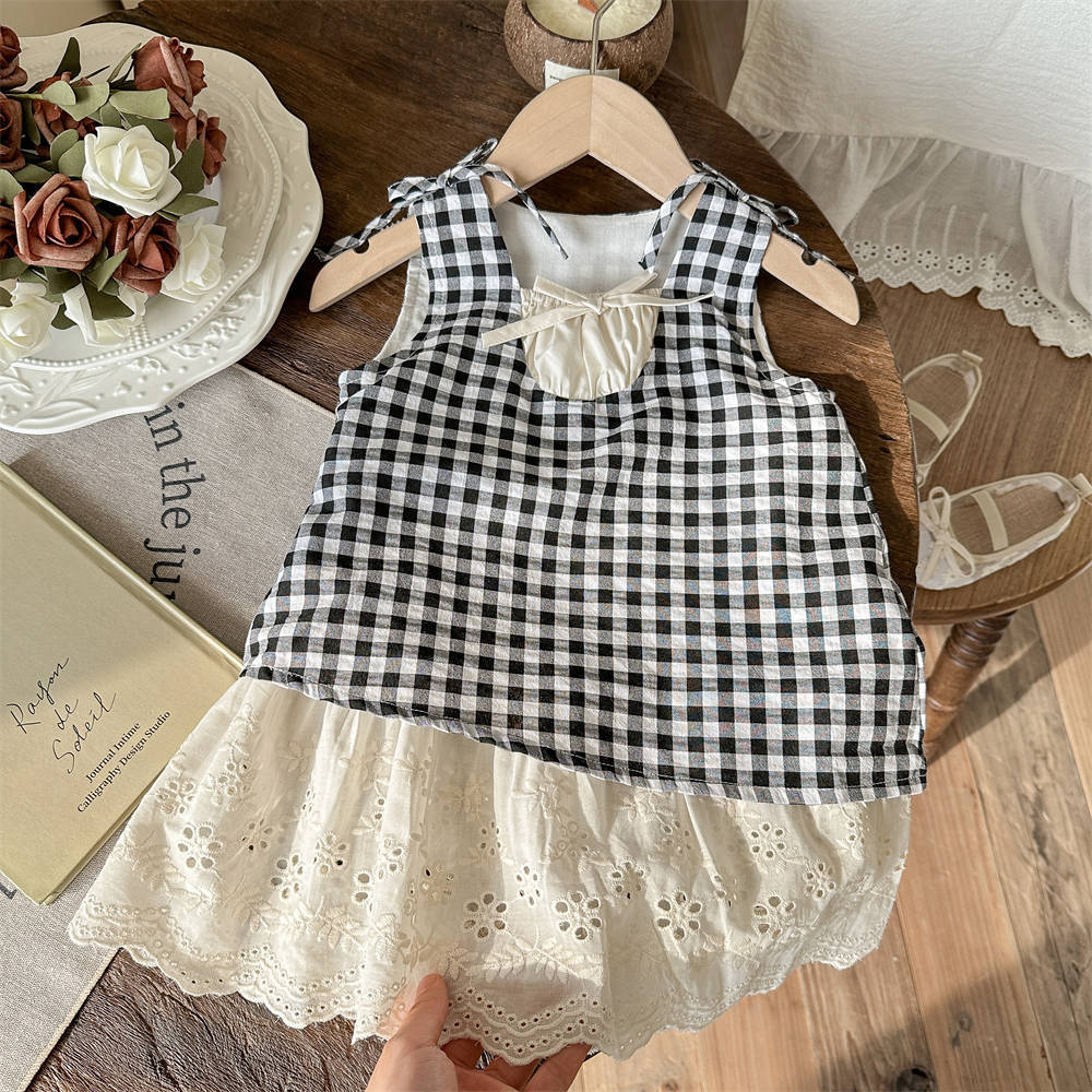 Vestido de verano pastoral de siete niñas con limón salado, nuevo bebé, vestido de verano rojo para niños, falda de algodón a cuadros de estilo occidental