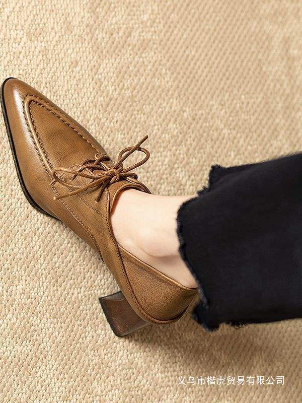 British Style Lace-Up Deep-Cut Oxford Shoes for Women, Brown Retro Pointed-Toe High-Heeled Leather Shoes, Versatile Chunky Heel Single Shoes