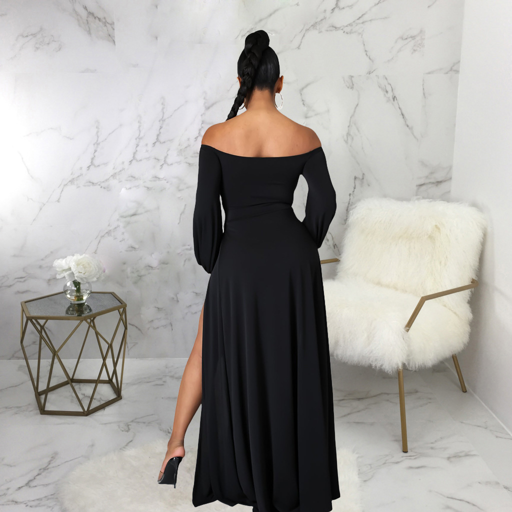 Solid Color Off-Shoulder Hollow Long Sleeve Slit Dress NSMRF116540