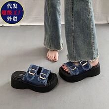 欧货潮牛仔布罗马凉鞋女2026新款百搭增高厚底松糕运动拖鞋凉鞋女