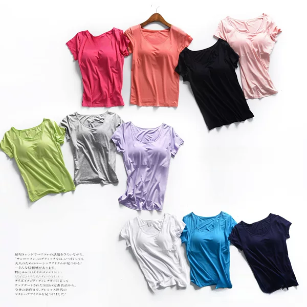 Modal bra-t with chest pad cup half sleeve women's summer short sleeve T-shirt bra-free one-piece sports vest wholesale