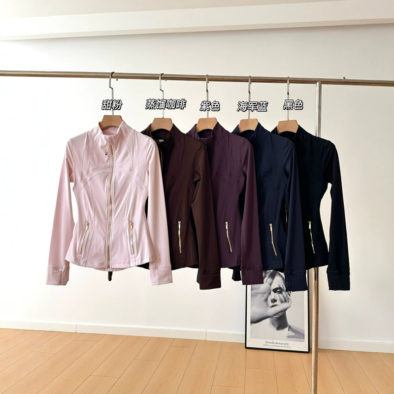 Stand-up collar define gold zipper slim-fit yoga long-sleeve jacket with three-dimensional waistline for women sports jacket top Stand-up collar define gold zipper slim-fit yoga long-sleeve jacket with three-dimensional waistline for women sports jacket top