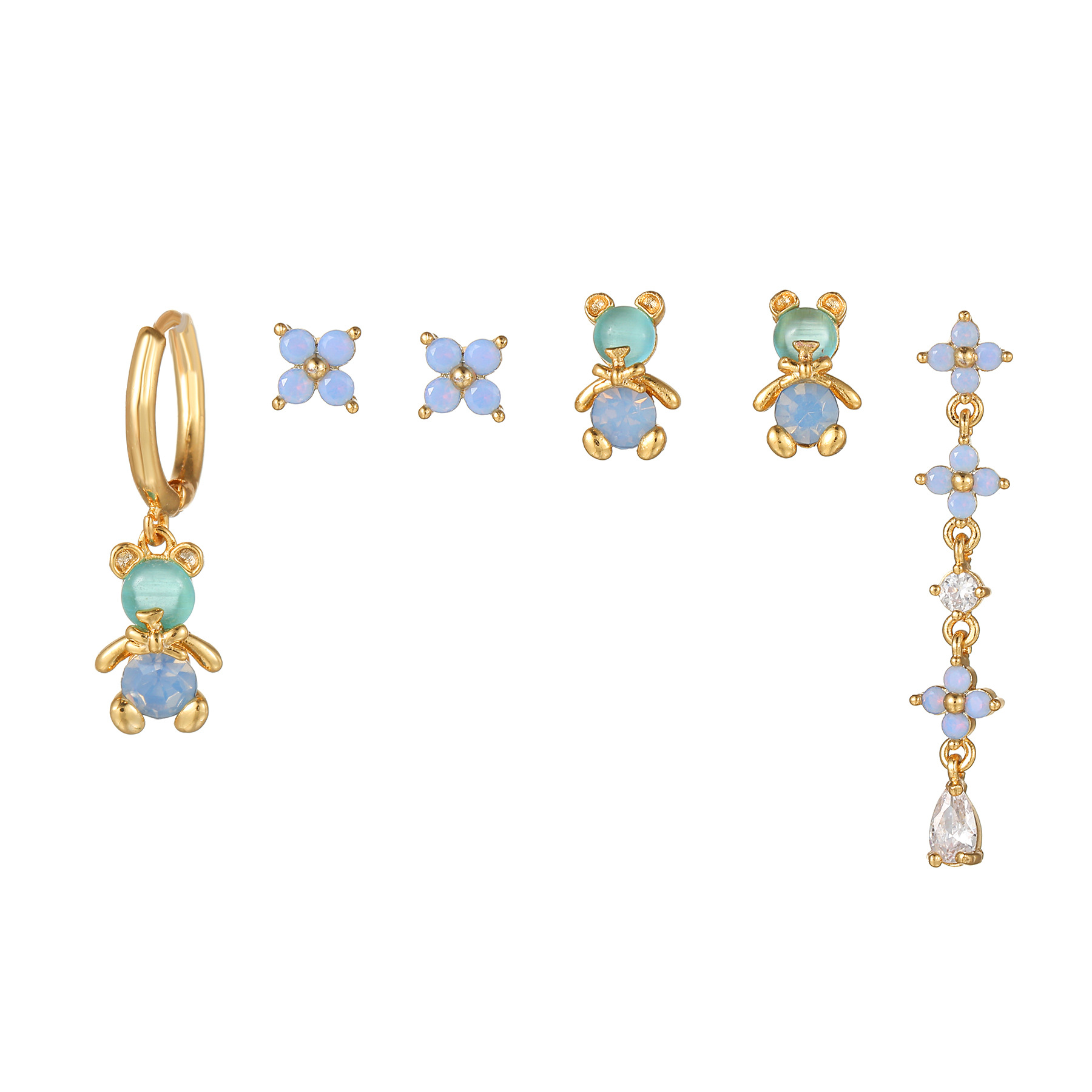 Fashion Bear Flower Brass Ear Studs Inlay Artificial Rhinestones Copper Earrings