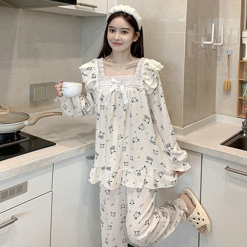 Estilo coreano Chanel estilo pijamas de las mujeres tejido crepe encaje algodón manga larga Otoño e Invierno dulce desgaste del hogar traje