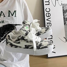 小香风ins学生复古面包鞋碎花牛仔布小白鞋厚底增高休闲鞋子国潮