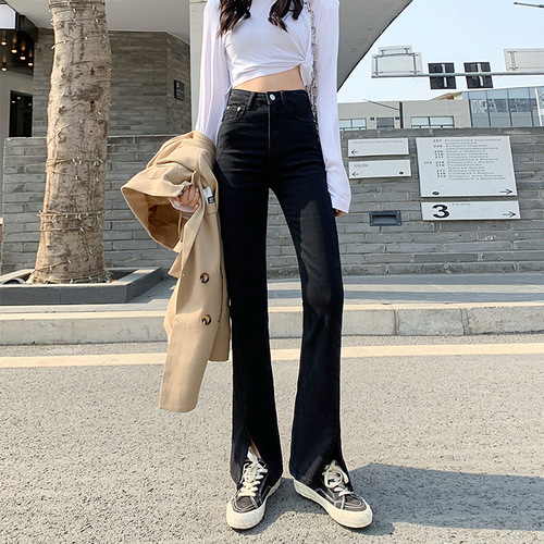 Retro bootcut jeans for women in spring and summer, high-waisted, slim, stretchy, slim-fitting, wide-legged, floor-length, split flared pants, trendy