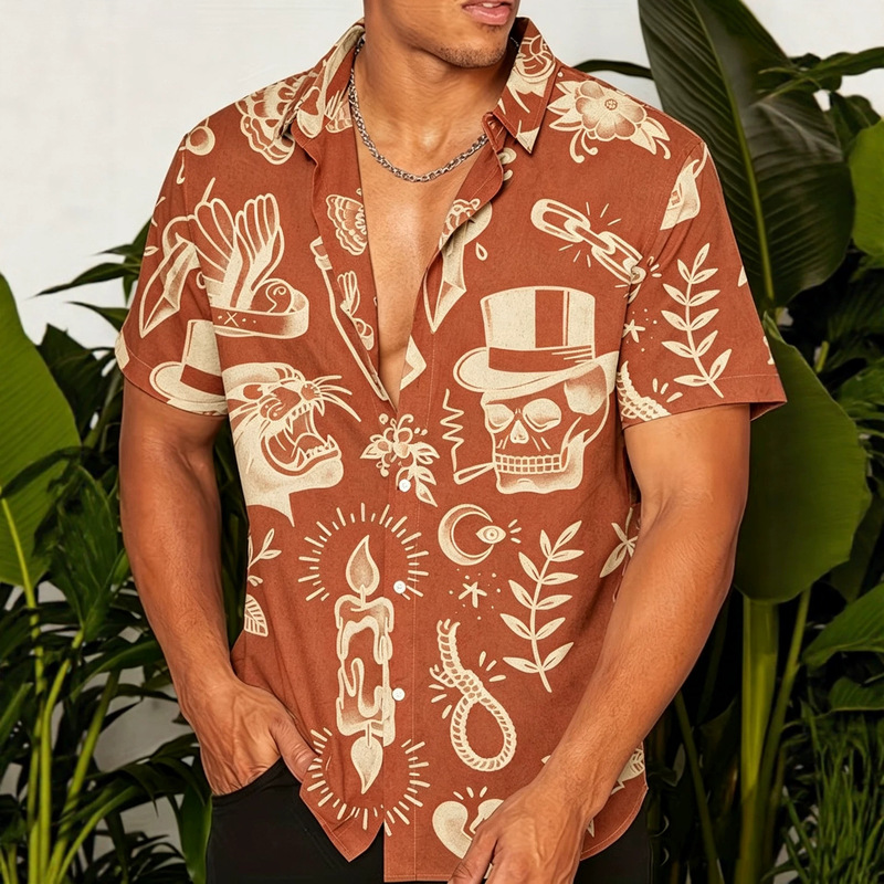 Men's Cuban collar short-sleeve shirt, American retro style, featuring a 3D printed skull tattoo design, trendy and casual, perfect for vacations Men's Cuban collar short-sleeve shirt, American retro style, featuring a 3D printed skull tattoo design, trendy and casual, perfect for vacations