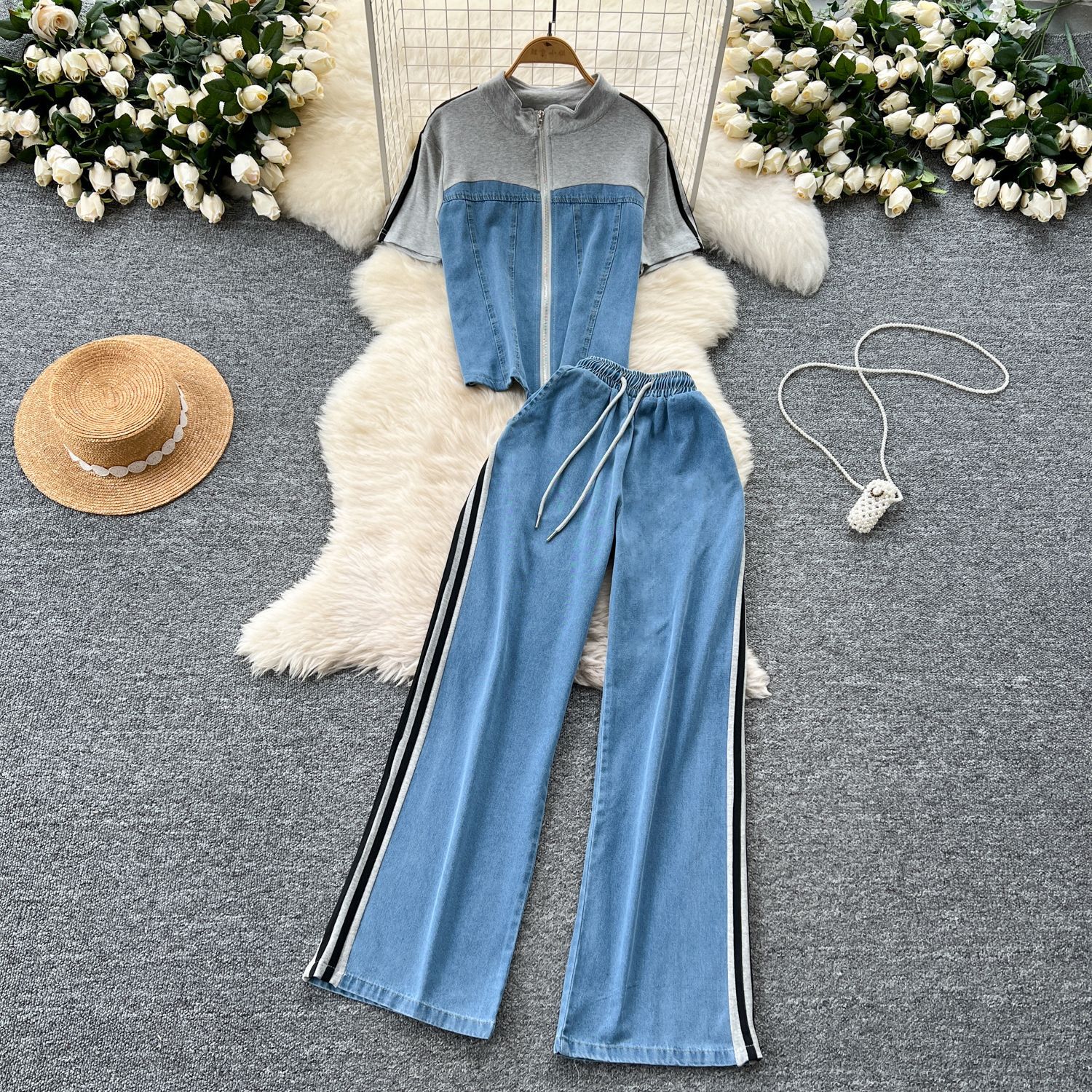 Sportswear Two-piece Set Women's Hong Kong-style Retro Casual Fake Two-piece Short-sleeved Top High-waist Stitching Denim Wide-leg Pants