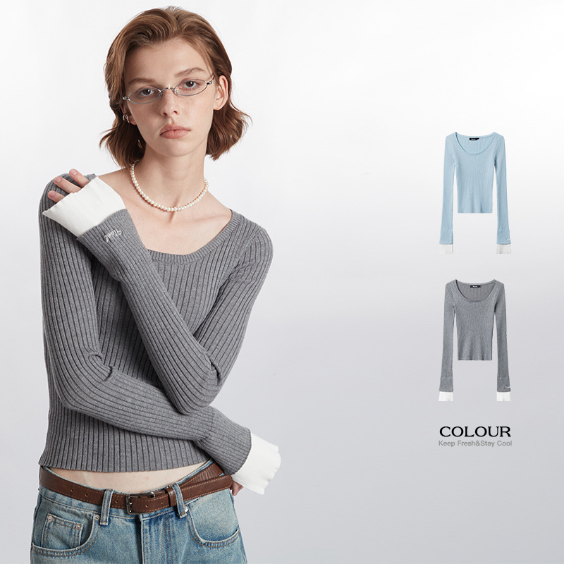 HeyHenry American-style Slim-fit Sweater Pullover Solid Color Casual Simple New Long-sleeved Top Women's Short Collar