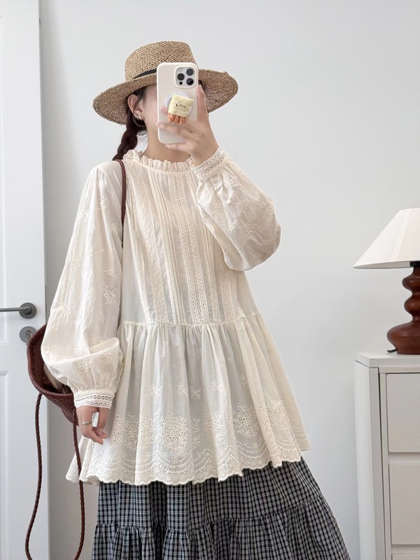 日系森系木耳立领刺绣全棉上衣女秋季新款减龄百搭文艺清新娃娃衫|undefined
