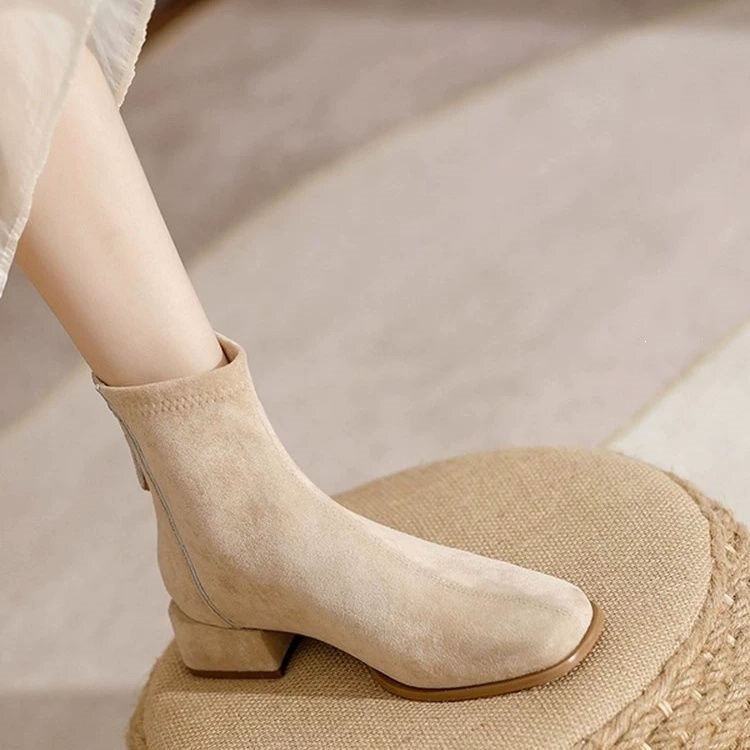French-style apricot high-heeled short boots, chunky heel slim boots, ankle boots, sock boots, women's Martin boots, spring and autumn Chelsea boots, Maillard