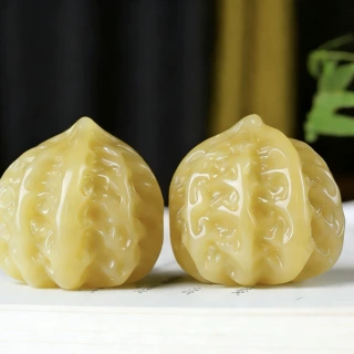 黄玉手球玩件玉石手把件一对新疆玉石核桃手把件玉核桃健身球