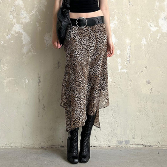 American Retro Irregular Split Mesh Double Leopard Print Skirt Hot Girl Street Low Waist Hip Slimming Dress