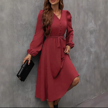 TEMU独立站外贸新款优雅时尚系带收腰显瘦显白迷人V 领长袖连衣裙